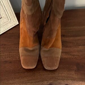 Seychelles Two-Tone Suede Square-Toe Ankle Boots in Brown and Tan